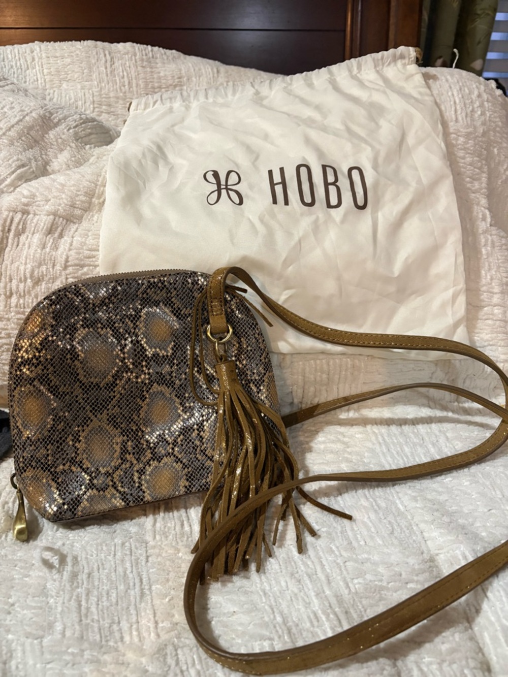 HOBO NASH Brown & Black Snake-Print Crossbody with Tassel Detail